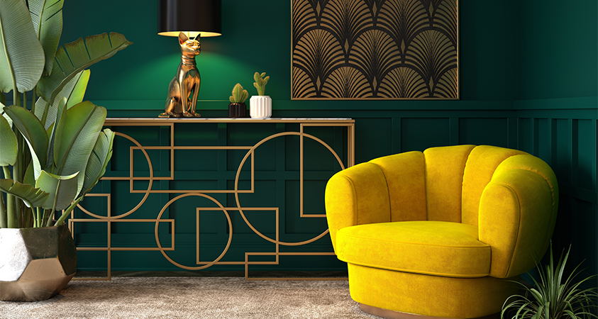 Yellow chair in a stylish green room with geometric decor, lamp with dog statue, potted plants, and art on wall, creating a cozy vibe.