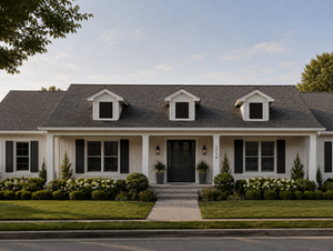 Front view of a white suburban house with black shutters, dormer windows, manicured lawn and flowers; address 4048 by the front door