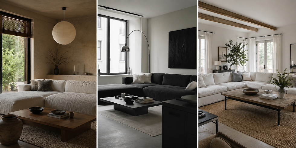 Three minimalist living rooms with sectional sofas, wood coffee tables, large windows, and warm neutral decor in soft daylight