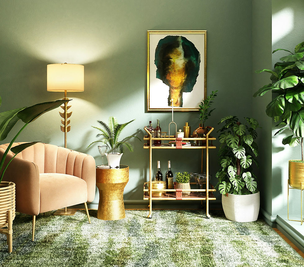 A cozy living room with a beige armchair, gold side table, and bar cart. Green plants, abstract art, and a lamp add a serene vibe.