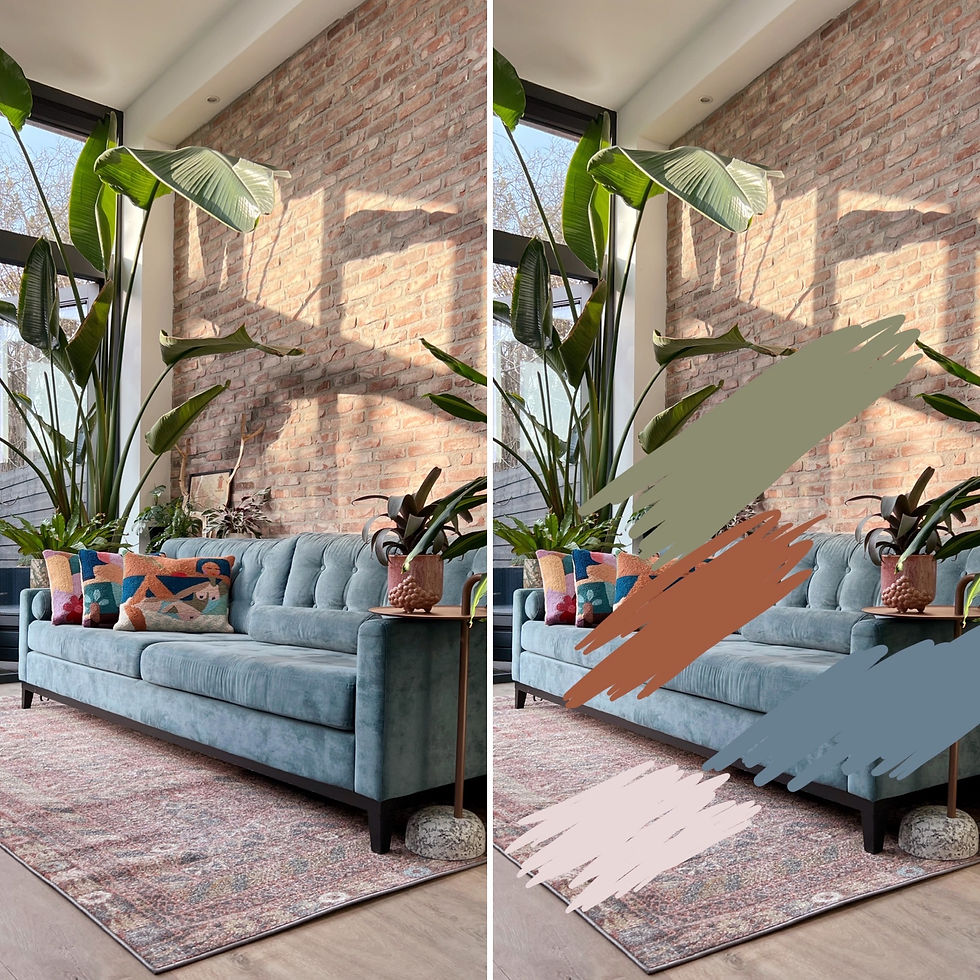 Blue sofa with colorful pillows in a bright room with brick wall, large plants, and sunlight. Paint swatches overlay in green, brown, blue, pink.