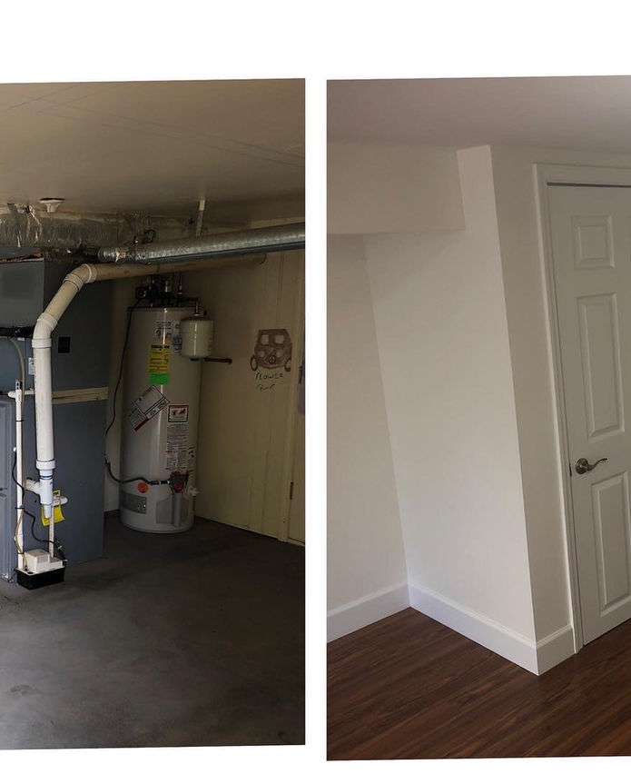 Before-and-after utility area improvement showing exposed equipment and a finished closet with white doors and wood flooring.