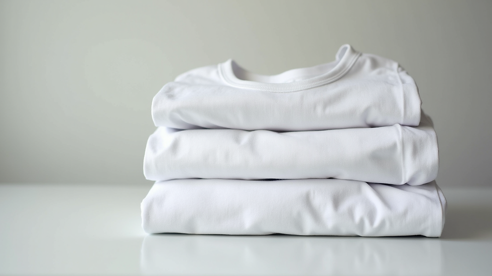 eye-level view of plain white cotton t-shirts stacked neatly
