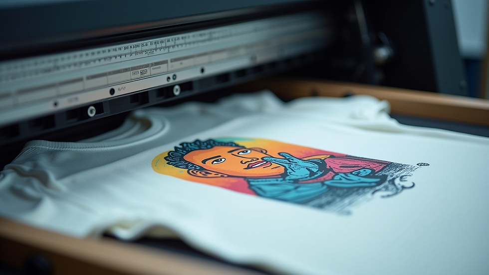 close-up view of screen printing machine printing a colorful design on a white t-shirt