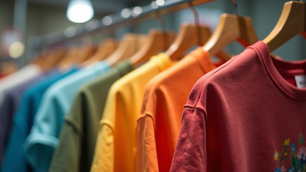 close-up view of colorful printed t-shirts hanging on rack