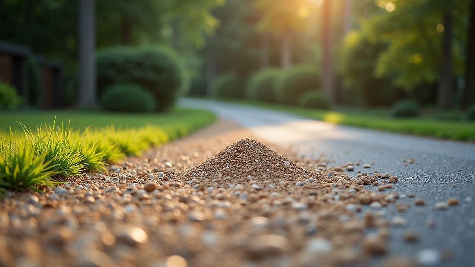 Close-up view of fresh angular gravel being spread on a driveway