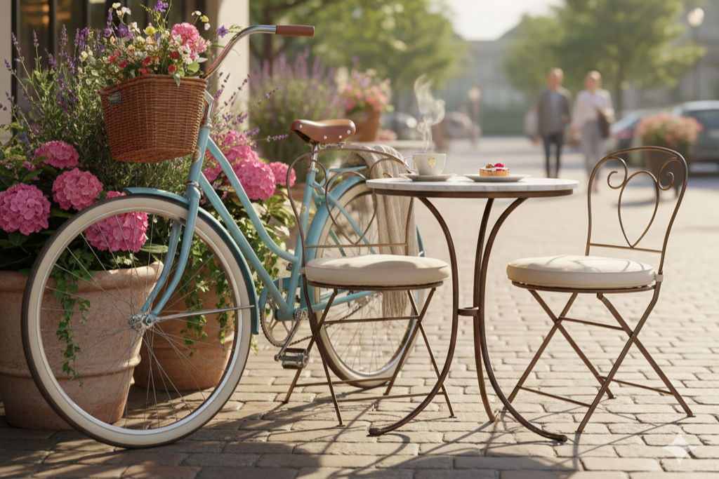 A bike is parked outside a cafe with a patio table and two chairs. There's a hot beverage and a pastry on the table.