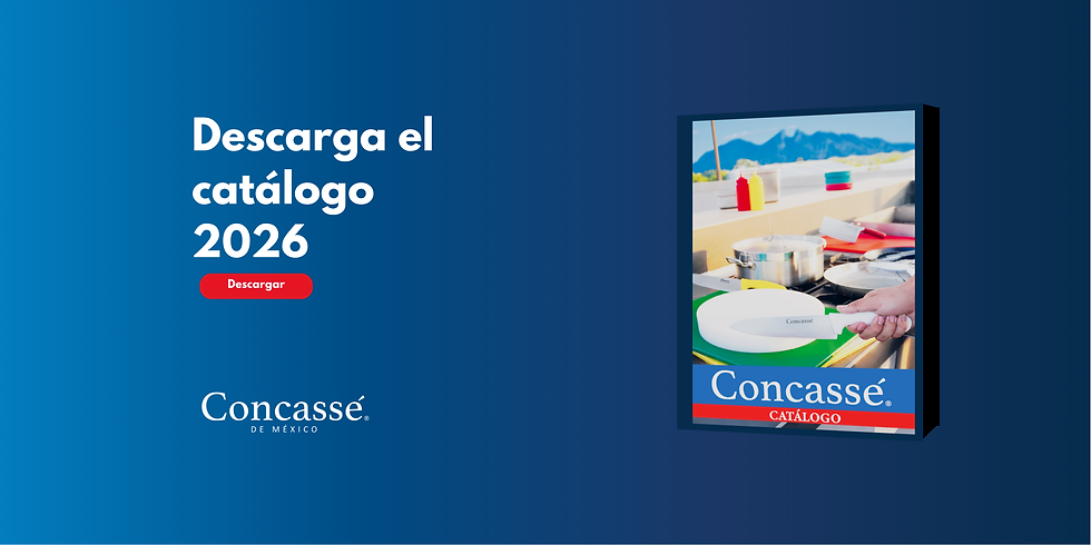 Banner azul con texto Descargar el catálogo 2026, botón rojo y portada de Concassé de México a la derecha.