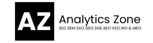 Black-and-white logo with "AZ" in a black square. Text reads "Analytics Zone" and lists terms like SEO, SEM, SXO. Minimalistic design.