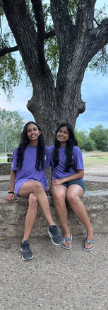 Two girls sitting on a stone wall in purple committee shirt in front of a tree