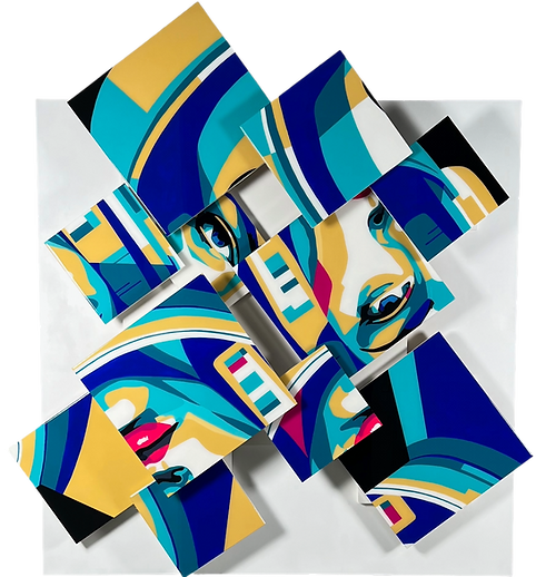 Explore interactive wall sculpture with independently rotated panels forming an abstract astronaut composition