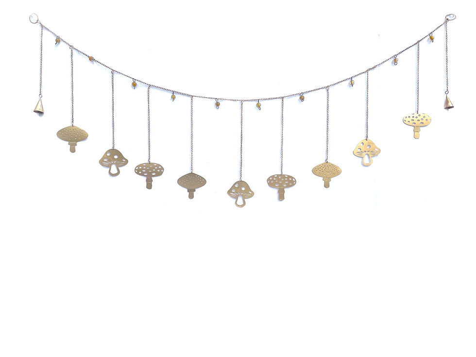 Mushroom garland splayed out against white background
