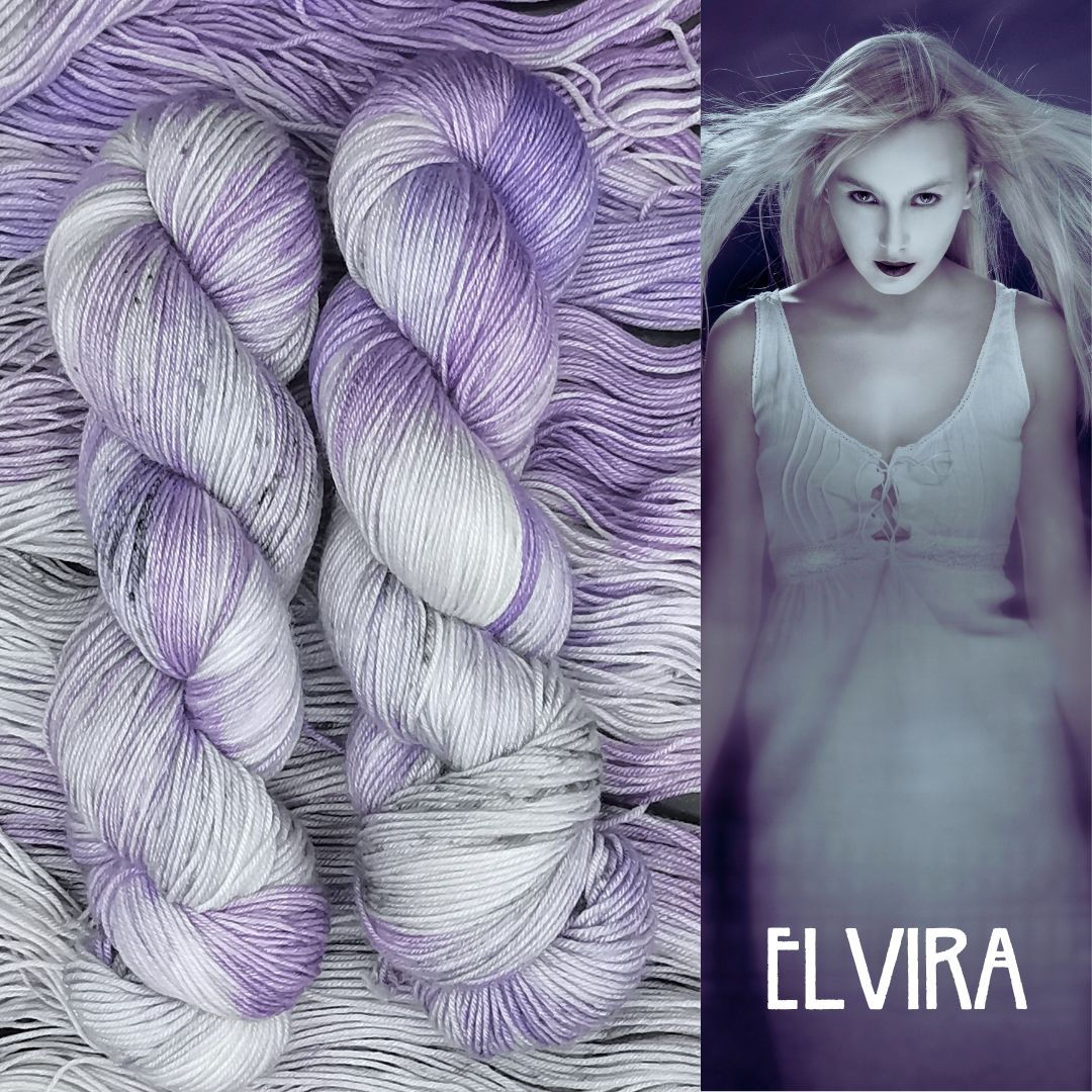 Two twisted skeins of violet and silver yarn, displayed next to a photo of a ghostly woman. Caption reads 'Elvira'