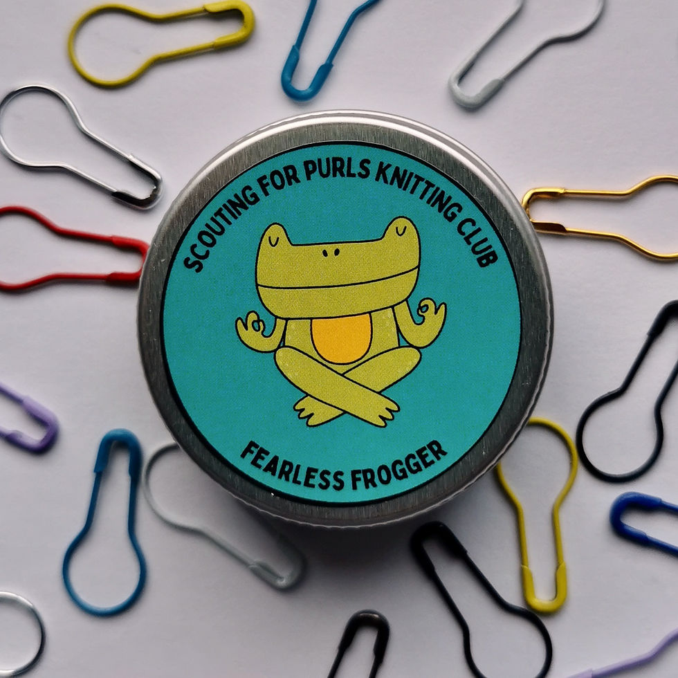Thumbnail: Fearless Frogger stitch markers in aluminium tin