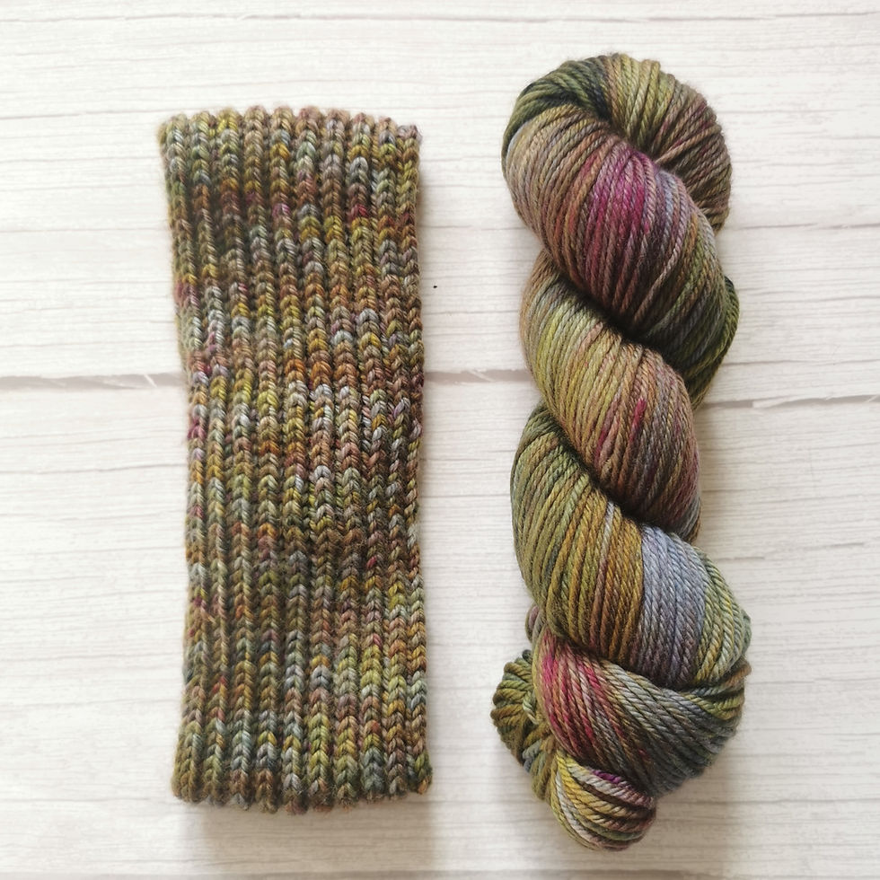 Thumbnail: A skein of yarn in rustic colours of heather, brown and green, displayed next to a swatch sample of the same