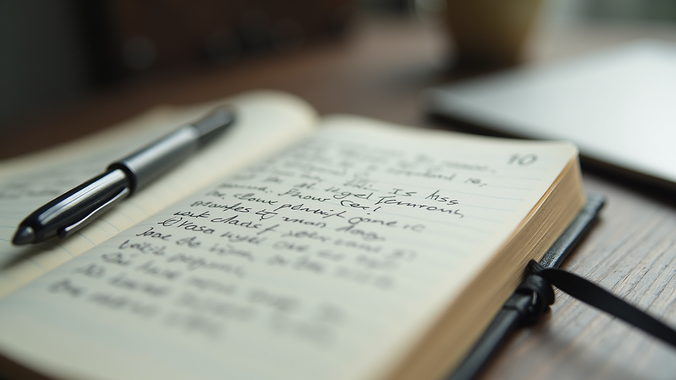 Close-up view of a journal with handwritten notes and a pen