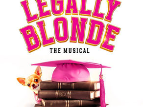 Image of Legally Blond the Musical with chihuahua and pile of legal books