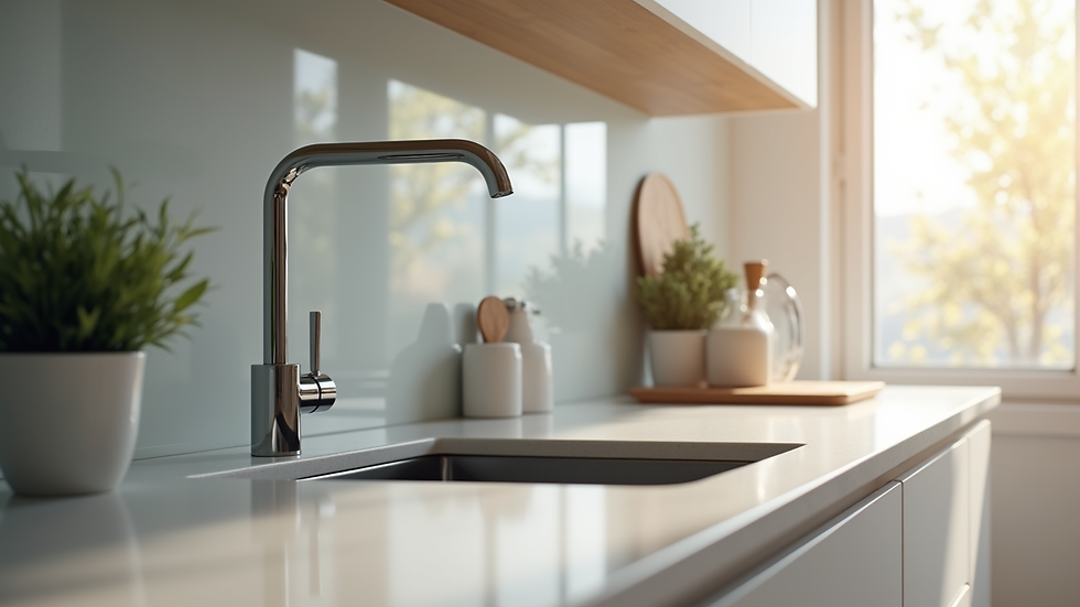 Close-up view of a kitchen countertop with modern faucet and sink