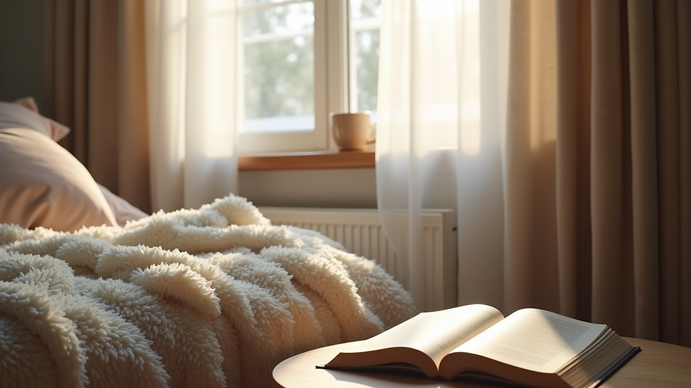 Eye-level view of a cozy corner with a soft blanket and a book on a small table