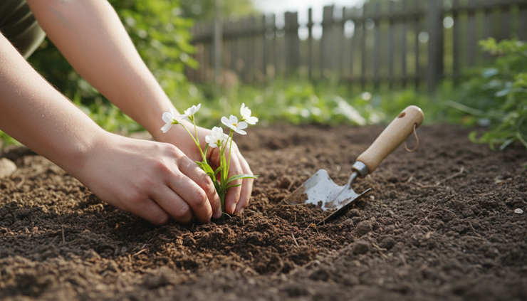 Close-up of two hands planting small flowers in dark soil.