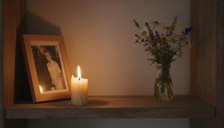 Eye-level view of a lit candle beside a framed photograph on a wooden shelf.