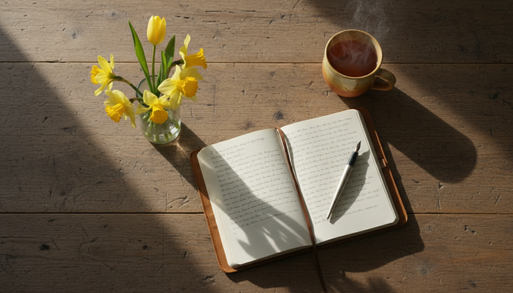 Overhead view of a kitchen table with a journal, flowers, and a cup of tea.