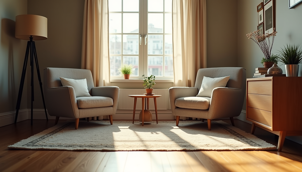 Eye-level view of a cozy living room with two chairs and a small table