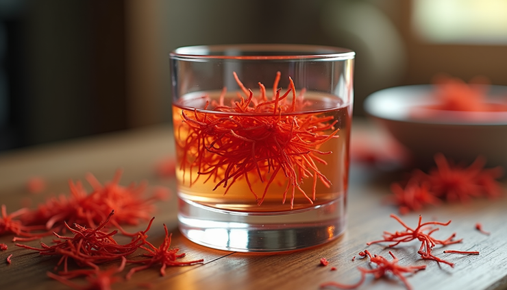 Close-up view of a glass of saffron water with floating saffron threads