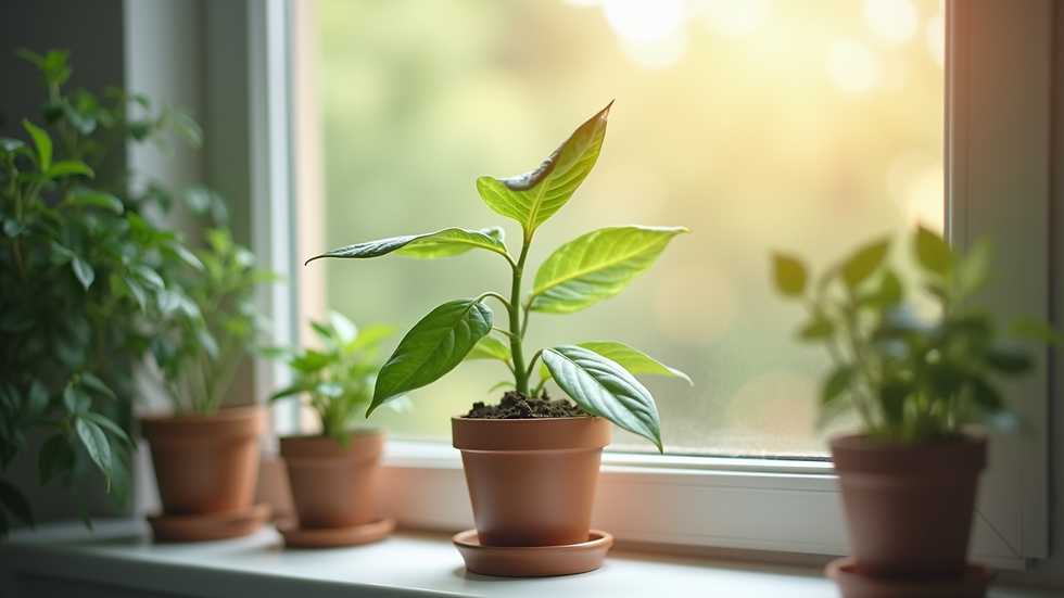 Close-up view of a small indoor plant on a windowsill with soft natural light