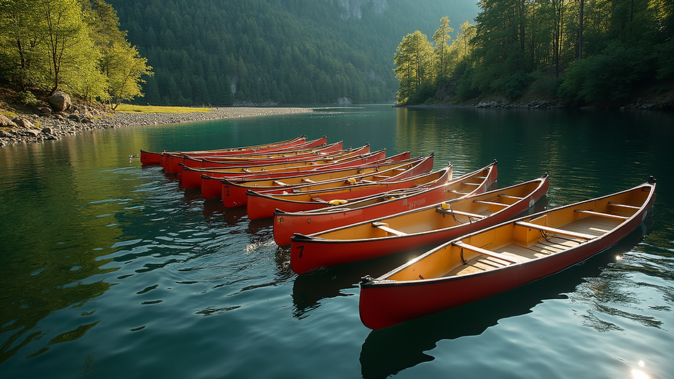 High angle view of a group of canoes ready for a group tour on a river
