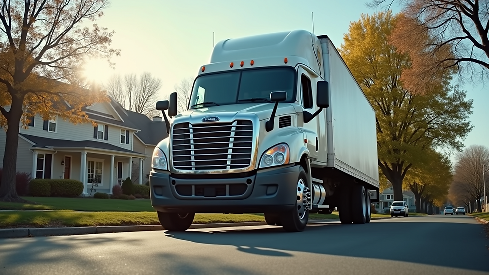Eye-level view of a moving truck parked in front of an urban house