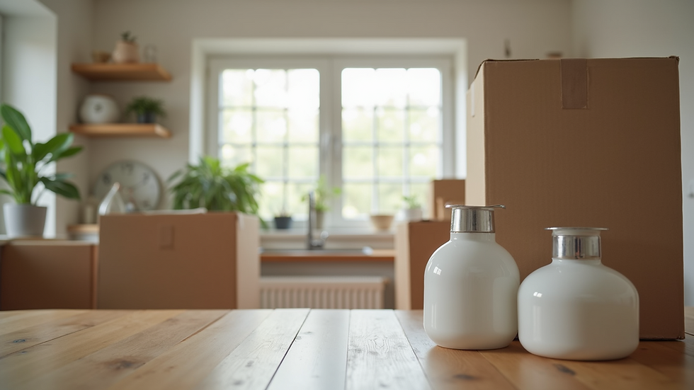Close-up view of unpacked kitchen items in a new home