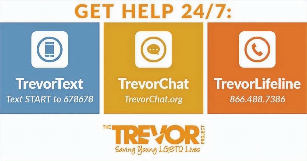 Three colorful panels display contact info for TrevorText (Text START to 678678), TrevorChat (TrevorChat.org), and TrevorLifeline (866.488.7386), offering 24/7 support for LGBTQ youth.