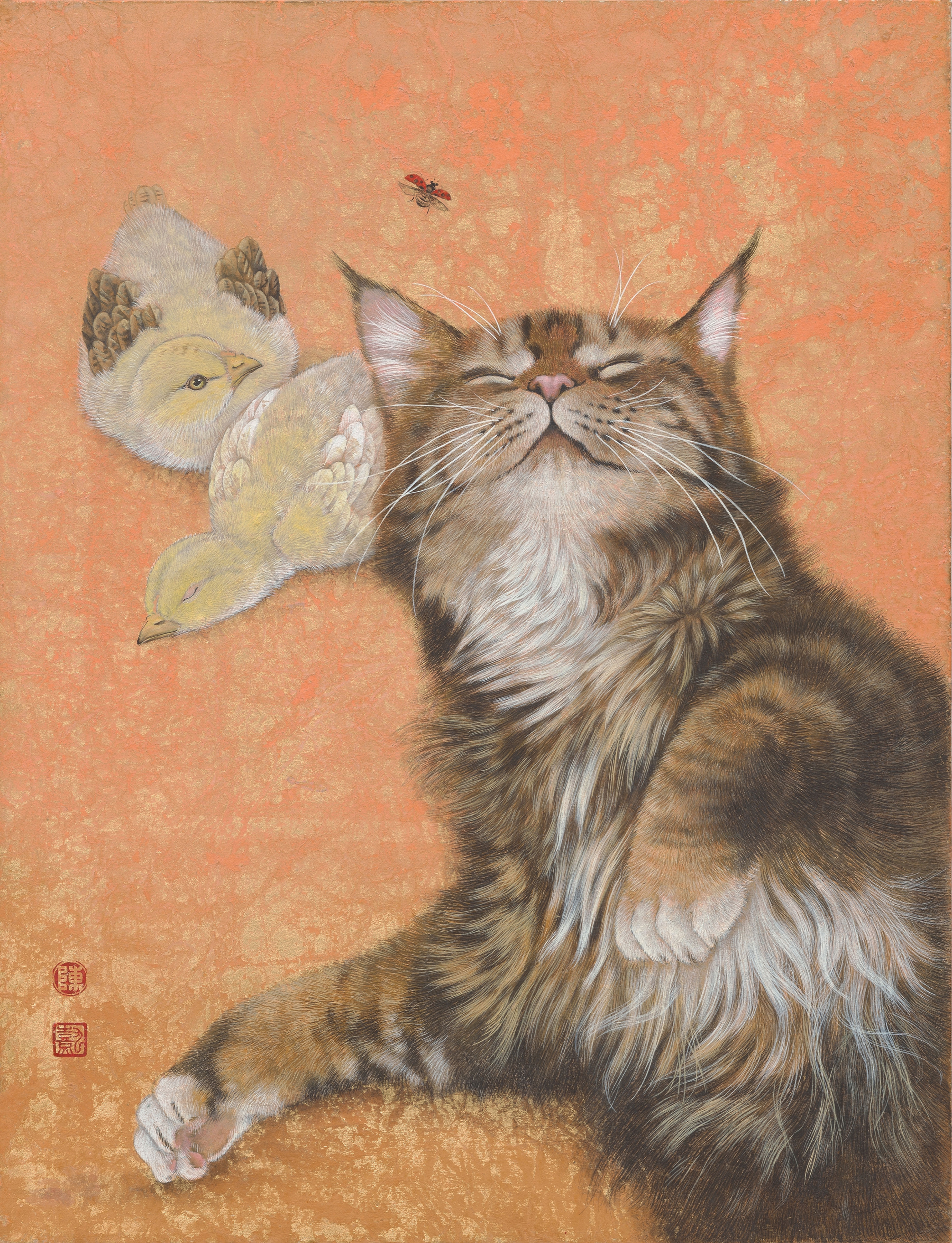 Rest | Maine Coon Cat, Chick, Ladybug