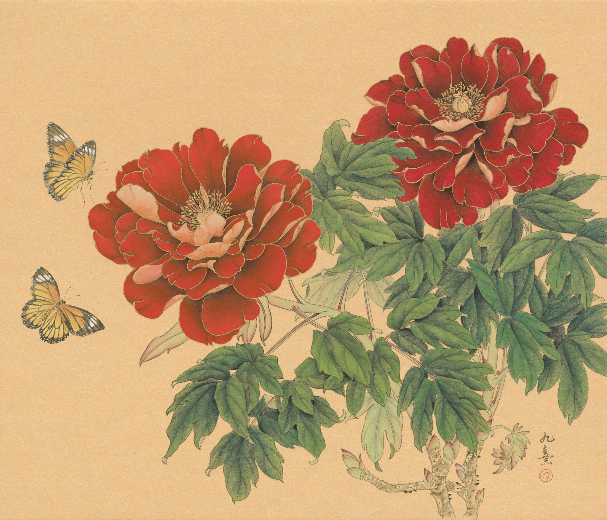 Drunken on Spring Bloom｜Danaus Genutia Butterfly, Red Peony