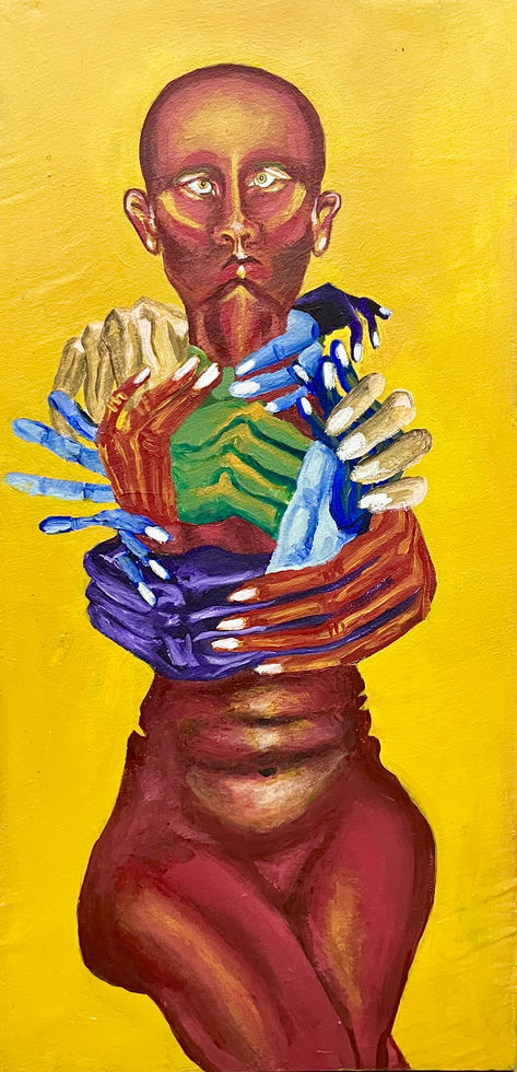 Society, Acrylic on Bedsheet on Wood, 13" x 18," 2021