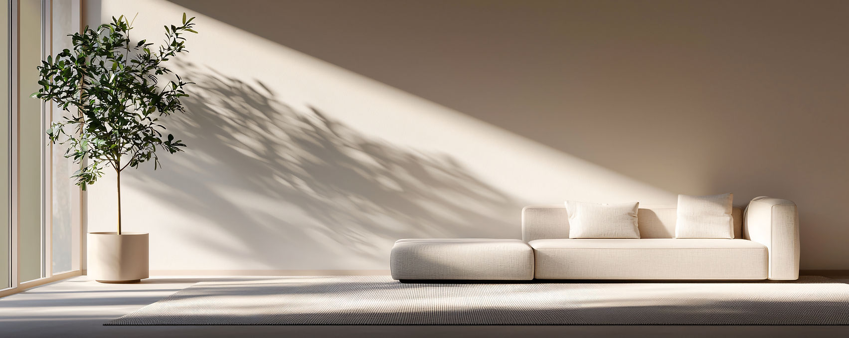 Sunlit minimalist room with potted plant and modern beige sofa
