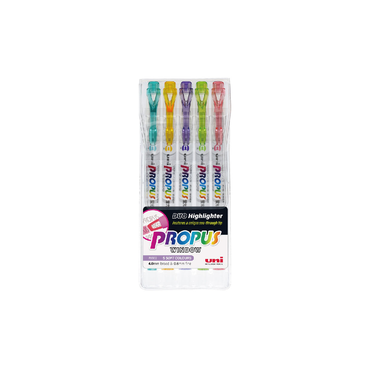 Uni Propus Window Double-Ended Highlighter 4.0mm/0.6mm Pastel 5 Pack