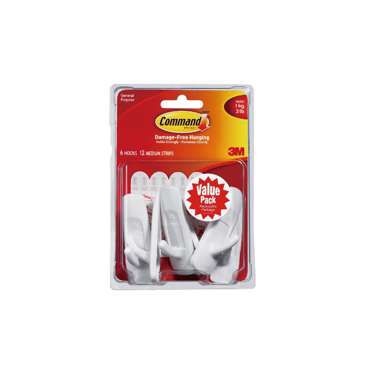 Command Hook 17001-6 Medium White Value, Pack of 6
