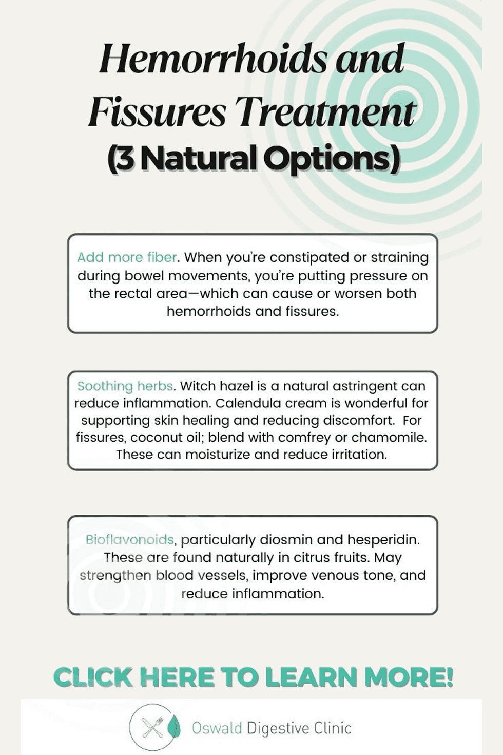 Infographic on natural treatments for hemorrhoids and fissures. Tips include fiber, herbs, bioflavonoids.