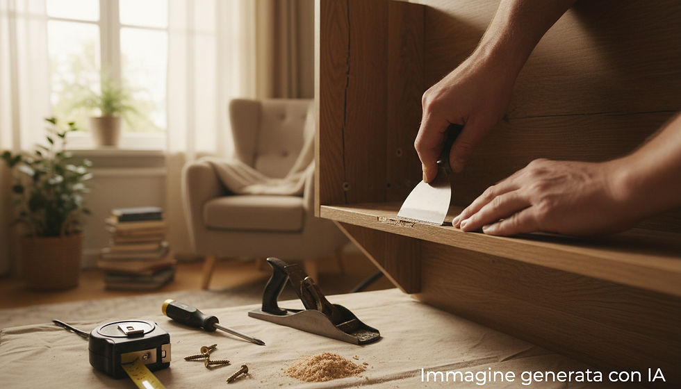 Close-up of a carpenter repairing a wooden shelf in a home