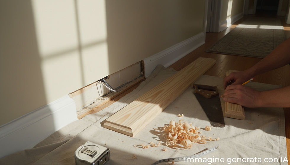 Wide-angle view of wooden baseboards being repaired along a home hallway