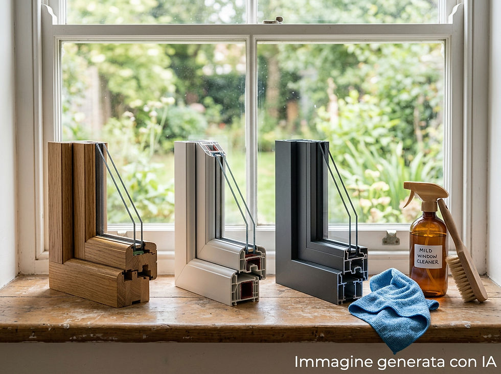 Eye-level view of different window frame materials laid out for cleaning inspection