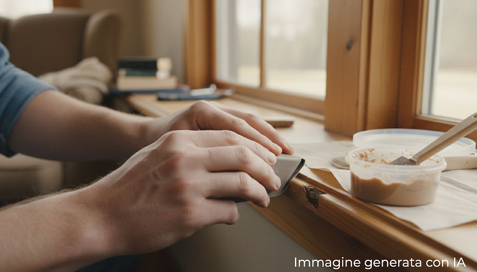 Close-up of a wooden window trim being sanded by hand