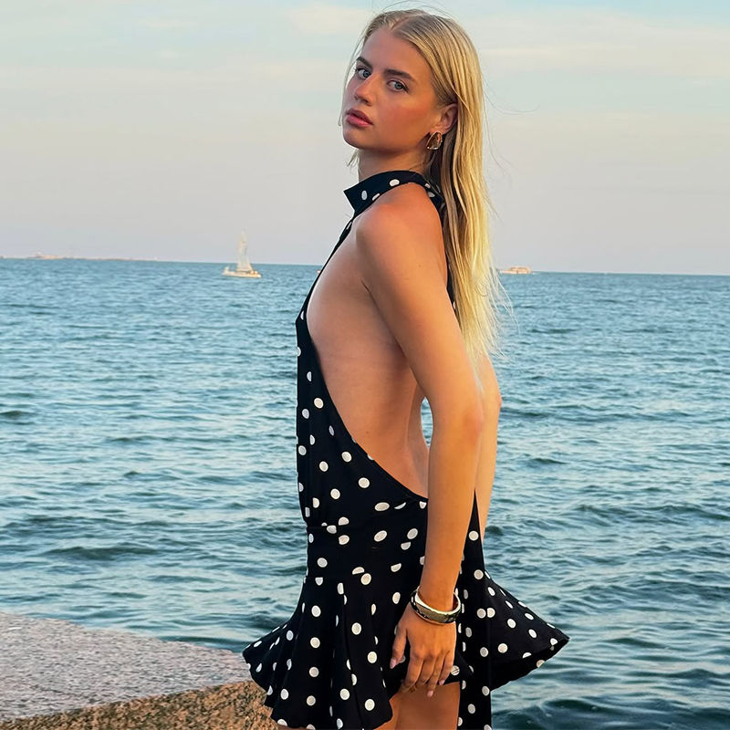Thumbnail: Hugcitar Polka Dot Print Halter Sleeveless Backless Bandage Sexy Slim Mini Dress