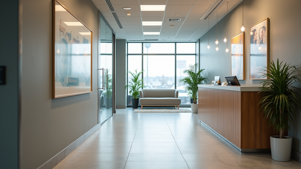 Eye-level view of a modern insurance office with a welcoming reception area
