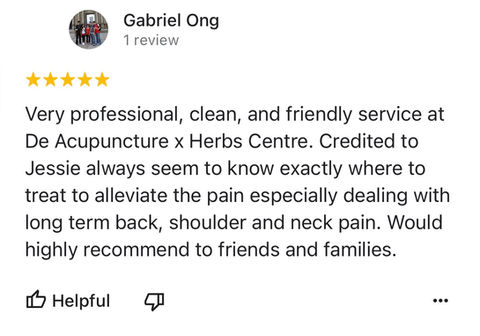 Positive Google Review of De Acupuncture x Herbs Centre for their TCM acupuncture in treating back, shoulder and neck pain. highly recommended