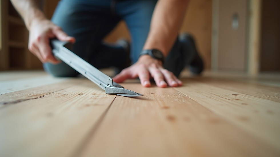 Close-up view of a flooring installer cutting laminate flooring