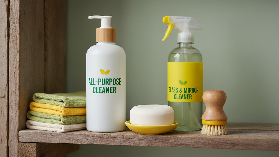 Close-up view of eco-friendly cleaning supplies on a wooden shelf