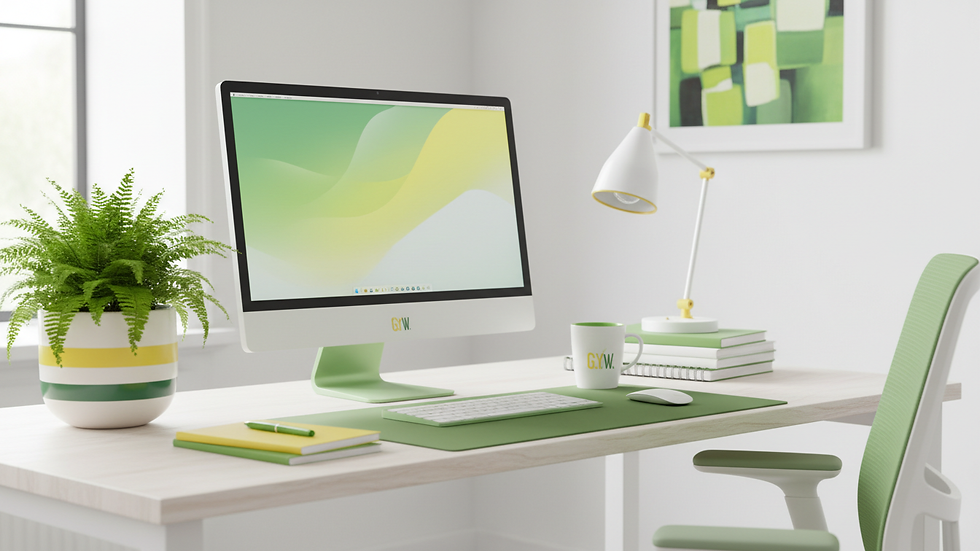 Eye-level view of a clean and organized office desk with a computer and plant